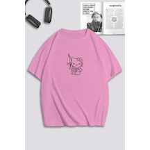 Unisex Kadın Erkek Hello Kitty Hug Me Baskılı Özel Tasarım Oversize T-shirt Pembe Mck0139 Pembe