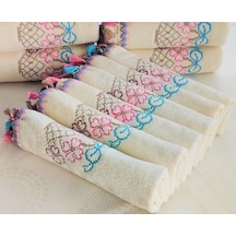 Çeyizlik Kanaviçe Çiçek Desenli Püsküllü Bukle Lüks Mutfak Havlu Seti 30x50 6'lı Set Krem