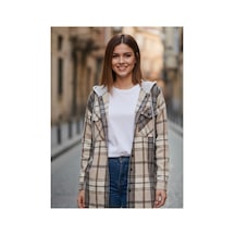 Polologin Butik Kadın Kahve Bej Kapüşonlu Ekose Oduncu Gömlek Ceket - Oversize Kalıp Bej