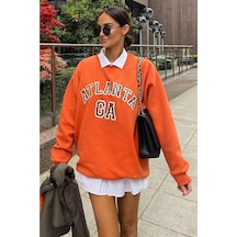 Modagen Kadın Bisiklet Yaka Turuncu Atlanta Baskılı Oversize Sweatshirt Turuncu