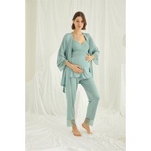 Monamise 18469 Kadın Açık Yeşil Dantelli Hamile Lohusa 3'lü Askılı Sabahlıklı Pijama Takımı