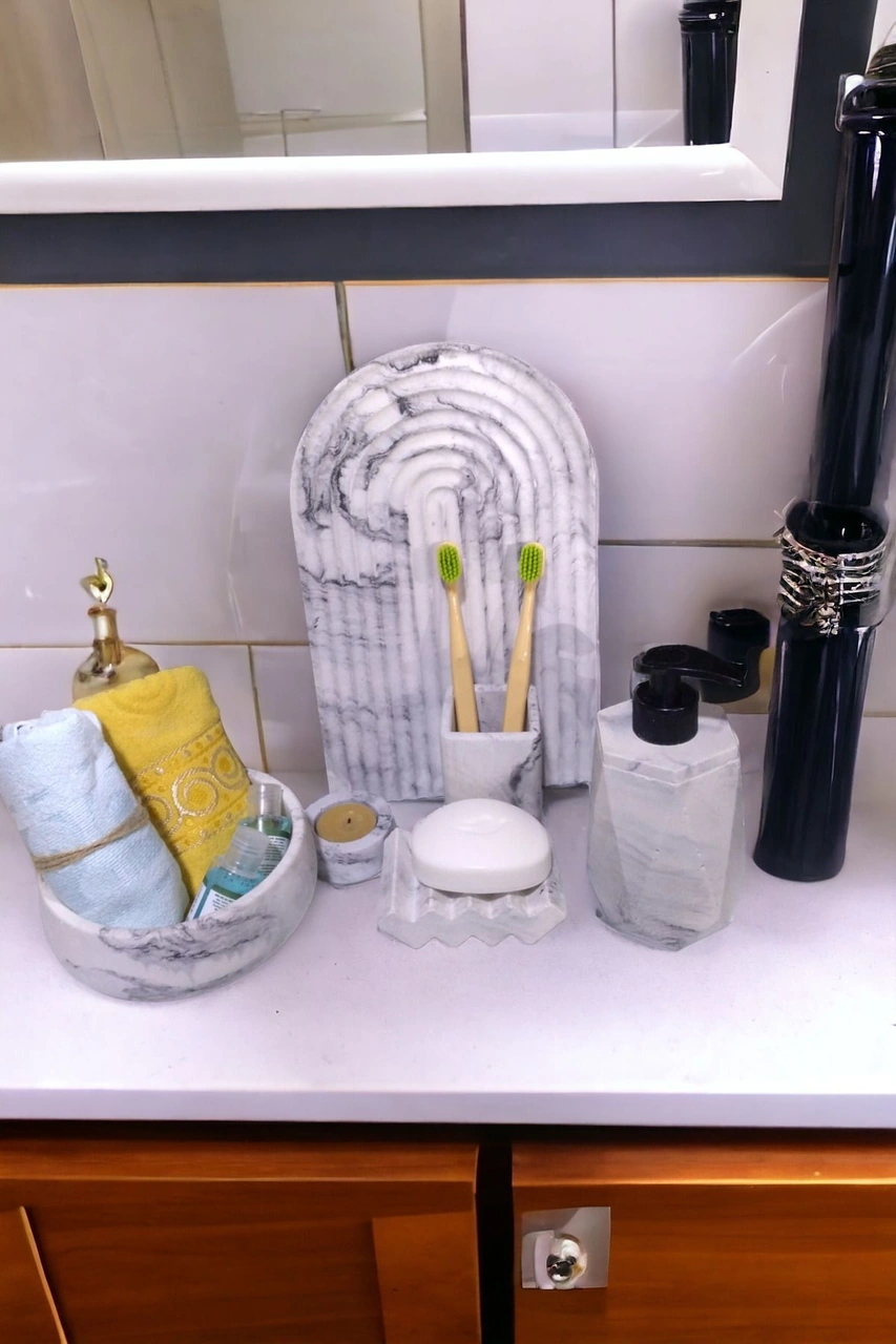 Marble Serisi Havluluk Ve Sivi Sabunluk,diş Fırçalığı Beton Banyo Seti Gri