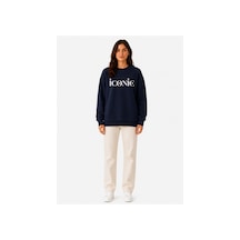 Herkesemoda İconic Baskı Detaylı Şardonlu 2 İplik Bisiklet Yaka Sweatshirt Lacivert