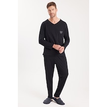 Tudors Erkek Standart Fit %100 Pamuk V Yaka Beli Lastikli Siyah Pijama Takımı-37939 Siyah