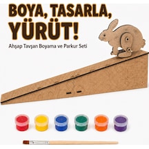 Çocuk Ahşap Hareketli Tavşan Boyama Seti 6 Renk Boya, Fırça Ve Kolay Montaj Parkuru