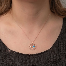 Gümüş Rose Opal Mavi Taşlı Ay Güneş Kadın Kolye Gümüş - Rose Gold