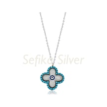 Kuyumcudukkani Turkuaz Taşlı " Nazar Boncuklu 4 Yapraklı" Kolye-20626-w-blu Beyaz
