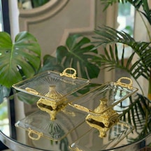 Gold Kulplu Cam 2 Li Sunumluk Seti Lokumluk, Çikolatalık, Kahve Yanı Sunum Tabağı Altın
