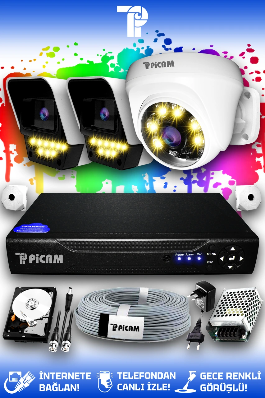 Picam 3 Kameralı Süper 1 İç Kamera Set 100 GB 5 MP 2K Net Renkli Gece Görüşlü Güvenlik Kamerası Sistemi