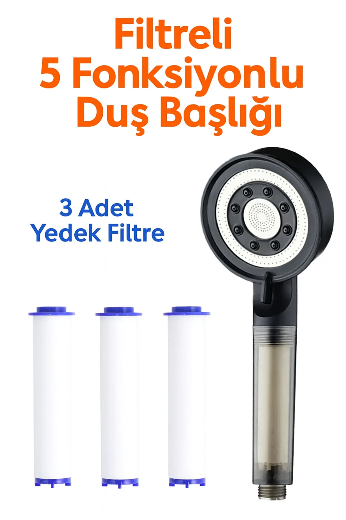 Filtreli 5 Fonksiyonlu Duş Başlığı + 3 Yedek Filtre Su Tasarruflu, Basınçlı, Kireç Önleyici, Spa Çok Renkli