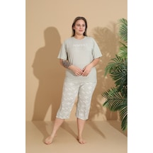 Eyfuze Kadın Curve Büyük Beden Milan Kumaş Kapri Kısa Kollu Pijama Takımı Açık Yeşil