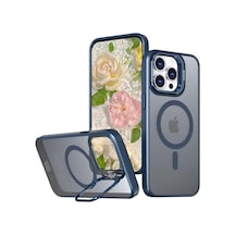 İphone 15 Uyumlu Metal Lens Koruma Çerçevesi/standlı Güçlü Mıknatıslı Bağımsız Buton Hoparlör Koruma Şeffaf Telefon Kılıfı Mavi Sku: Smg8690010139436