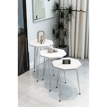 3'lü Sekizgen Zigon Sehpa Seti - Gümüş Metal Ayaklı, Modern & Şık Yan Sehpa, Dayanıklı Salon Ofis Beyaz