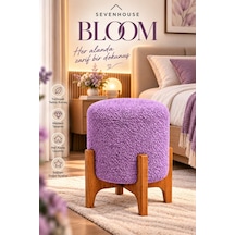 Bloom Çok Amaçlı Dekoratif Puf Ahşap Ayaklı Teddy Kumaş Kaplı Silindir Makyaj Pufu Lila