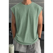 Cool Tarz Erkek Oversize Kolsuz Tişört %100 Pamuk Süprem Basic Bisiklet Yaka Yeşil Yeşil