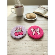 Kurdele Ve Kiraz Detaylı Bardak Altlığı Seti Lila - Pembe