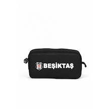 Beşiktaş Lisanslı Siyah Arma Ve Yazı Detaylı Kalemlik - Çift Bölmeli Spor Kalem Çantası Siyah - Beyaz