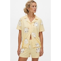 Siyah İnci Düğmeli İnce Soft Örme Mevsimlik Şortlu Pijama Takımı 8063 Sarı Civciv