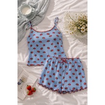 Koza İç Giyim Kadın İp Askılı Çilek Desenli Pamuklu Şortlu Pijama Takımı Kk30234 Mavi - Kırmızı