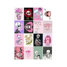 İskelet - Sevimli Kedi Ve Mantar Pembiş Çoklu 16'lı Sticker Seti Diğer