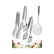 4 Parça Paslanmaz Çelik Makarna Maşası, Salata Maşası, Pasta Maşası, Kevgir Seti Mutfak Seti Gri