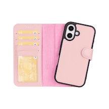 Plm Apple İphone 16 Plus Uyumlu, Hakiki Deri, El Yapımı, Cüzdanlı Kılıf, Toz Pembe Acı Kahverengi