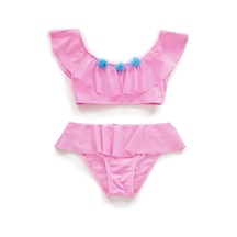 Endeep Kız Çocuk Volanlı Aksesuarlı Açık Pembe Bikini Takımı Pembe