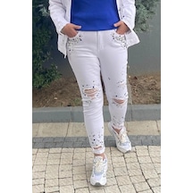 Mia Butik Kadın Beyaz Star Jean Pantolon Beyaz