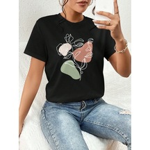 Portrait & Flower Baskılı Oversize Tshirt Siyah