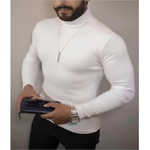 Barlashive Erkek Kaşkorse Boğazlı Full Likralı Fitilli Body Kazak - Beyaz Çok Renkli