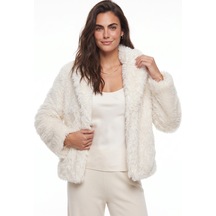 Onloox Kadın Krem Krem Polyester Yumuşak Dokulu Peluş Uzun Kollu Rahat Kesim Tüylü Mont