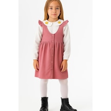 Rapapa Kız Çocuk Pembe Askılı Fitilli Elbise Takım Çiçek İşlemeli Yaka Detaylı Bluz-1554-p