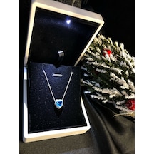 Vog 925 Ayar Swarovski Taşlı S Model Kalpli Kolye Gümüş - Mavi
