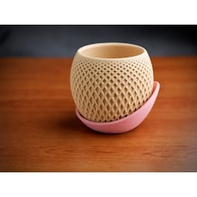 3d Baskı Küre Saksı - Kafes Dokulu İki Parçalı Dekoratif Saksı - Bej-pembe Çok Renkli