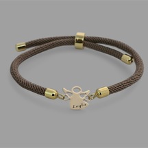 Archin Leyla İsmine Özel Kahverengi Örgülü 14 Ayar Altın Plakalı Mevlana Figürlü Hediye Bileklik-335isim Altın