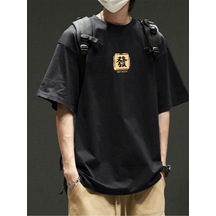 Unisex Siyah Oversize Get Rich Baskılı Örme T-shirt Siyah