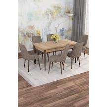 Jusie Meşe Desen 80x132 Açılabilir Sunta Masa Yemek Odası Takımı, Mutfak Takımı 6 Adet Sandalye Cappuccino