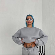 Kışlık Bisiklet Yaka Üç İplik Basic Sweatshirt - Gri
