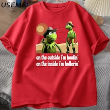 Flood Of Style Dışarıda Ben Hootin Kurbağa T-shirt Komik Meme T Shirt O Boyun Grafik T Shirt Erkek Giyim Har Kırmızı