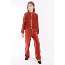 Toontoy Kız Çocuk 2'li Takım Dik Yaka Fermuarlı Sweatshirt & Beli Lastikli Cepli Bol Paça Eşofman Altı - Kadife Kiremit