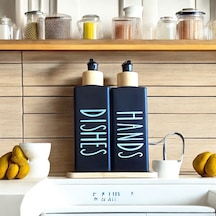 Brokoli Home 2 Li Siyah Beyaz Dekoratif Mutfak Banyo Sıvı Cam Sabunluk Seti 300ml Bambu Stantlı Seti Diğer
