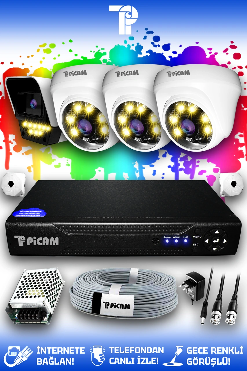 Picam 4 Kameralı Süper 3 İç Kamera Set HDD'siz 5 MP 2K Net Renkli Gece Görüşlü Güvenlik Kamerası Sistemi