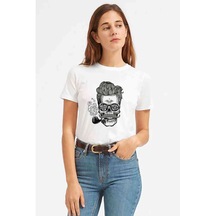 Pipolu Kurukafa Baskılı Beyaz Kadın Tshirt