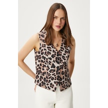 Ritnice Kadın Style Leopar Astarlı Dokuma Yelek Kahverengi - Krem