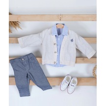 Yaprak Nakışlı Keten Ceketli Bebe Erkek 3'lü Takım Lacivert