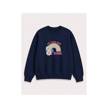 Herkesemoda Gökkuşağı Baskılı 2 İplik Şardonlu Bisiklet Yaka Sweatshirt Lacivert