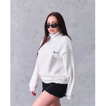 Kadın Yarım Fermuarlı Üç İplik Şardonlu Pamuklu Sweatshirt - Beyaz
