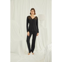 Monamise Kadın Yakası ve Omzu Dantelli Önü Düğmeli Pijama Takımı 18426 Siyah