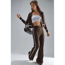 Hiccup Modal Dokulu Fermuarlı Sweatshirt Ve İspanyol Paça Pantolon İkili Takım Berşan Collection Kahve Kahvesi
