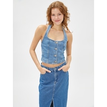 Koton Kot Yelek Crop Halter Yaka Düğmeli Nervürlü Pamuklu Açık İndigo 3sal30012md 3SAL30012MDLGT